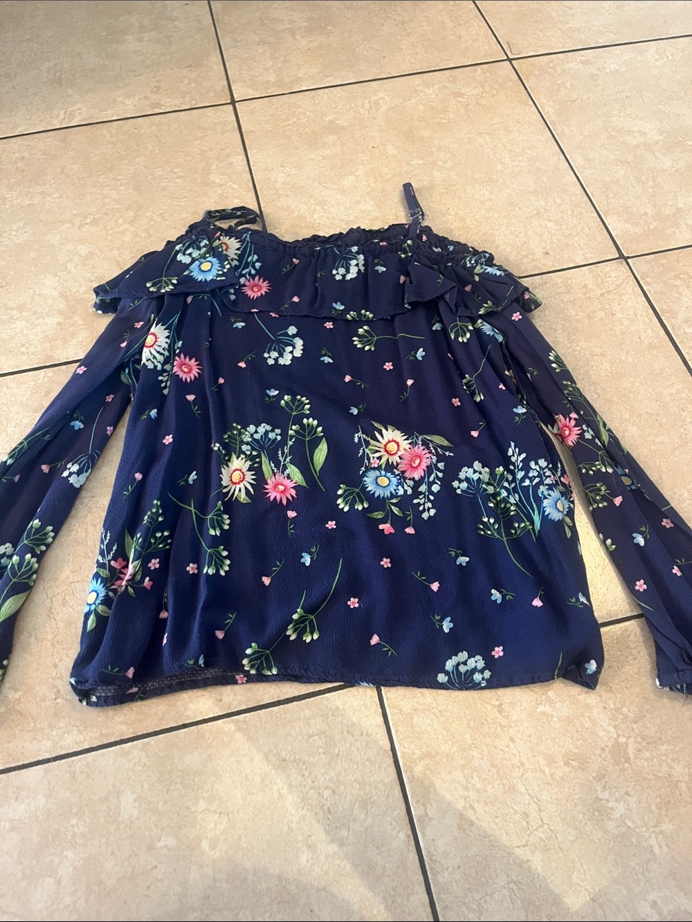 Place Navy Floral Off-Shoulder Ruffle Blouse